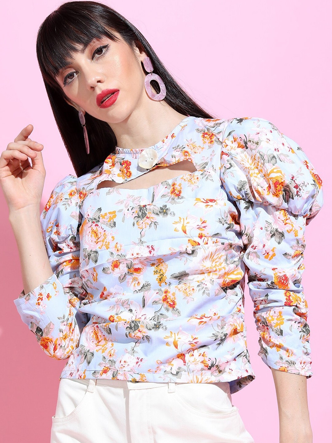 

Tokyo Talkies Blue & Orange Floral Print Cut-Out Ruched Puff Sleeves Pure Cotton Top