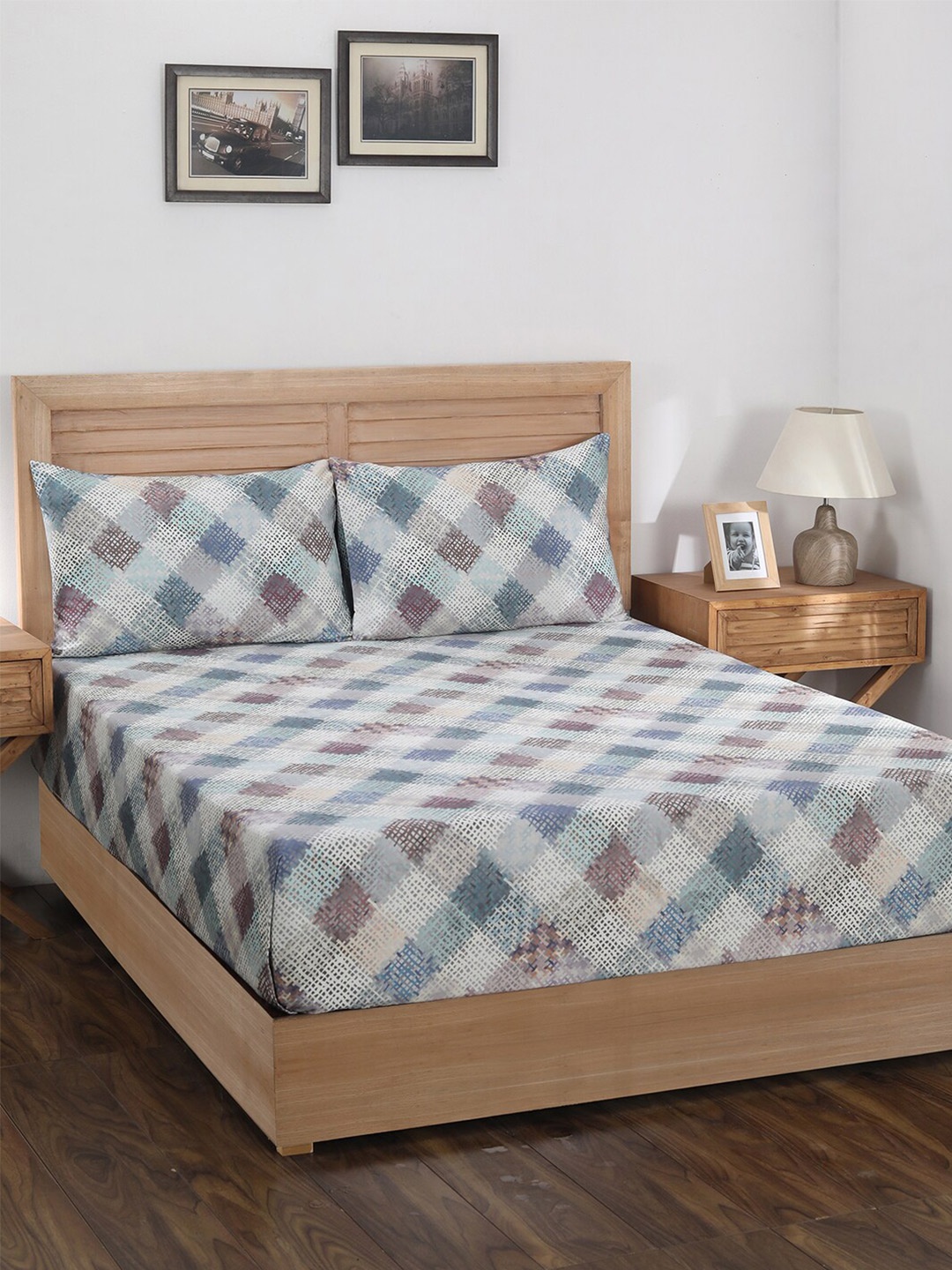 

MASPAR Blue & Cream-Coloured 400 TC King Bedsheet with 2 Pillow Covers