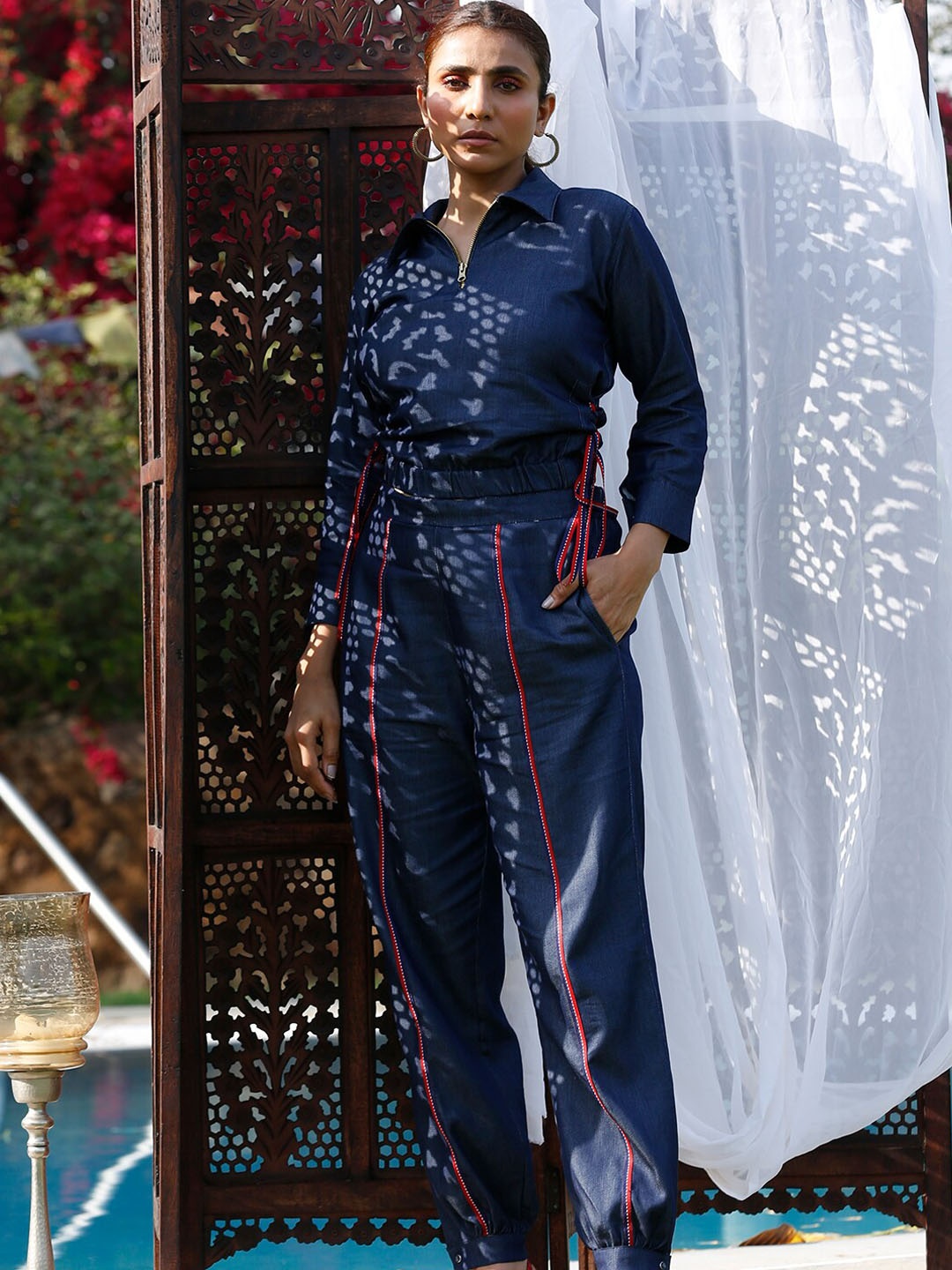 

SALMON STRETCH Women Blue Solid Denim Co-ord Set, Navy blue