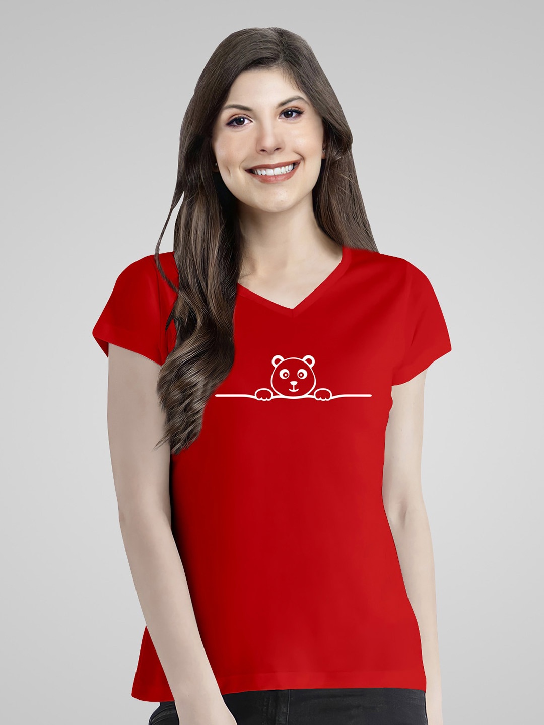

Pootlu Women Red Printed V-Neck Pure Cotton T-shirt