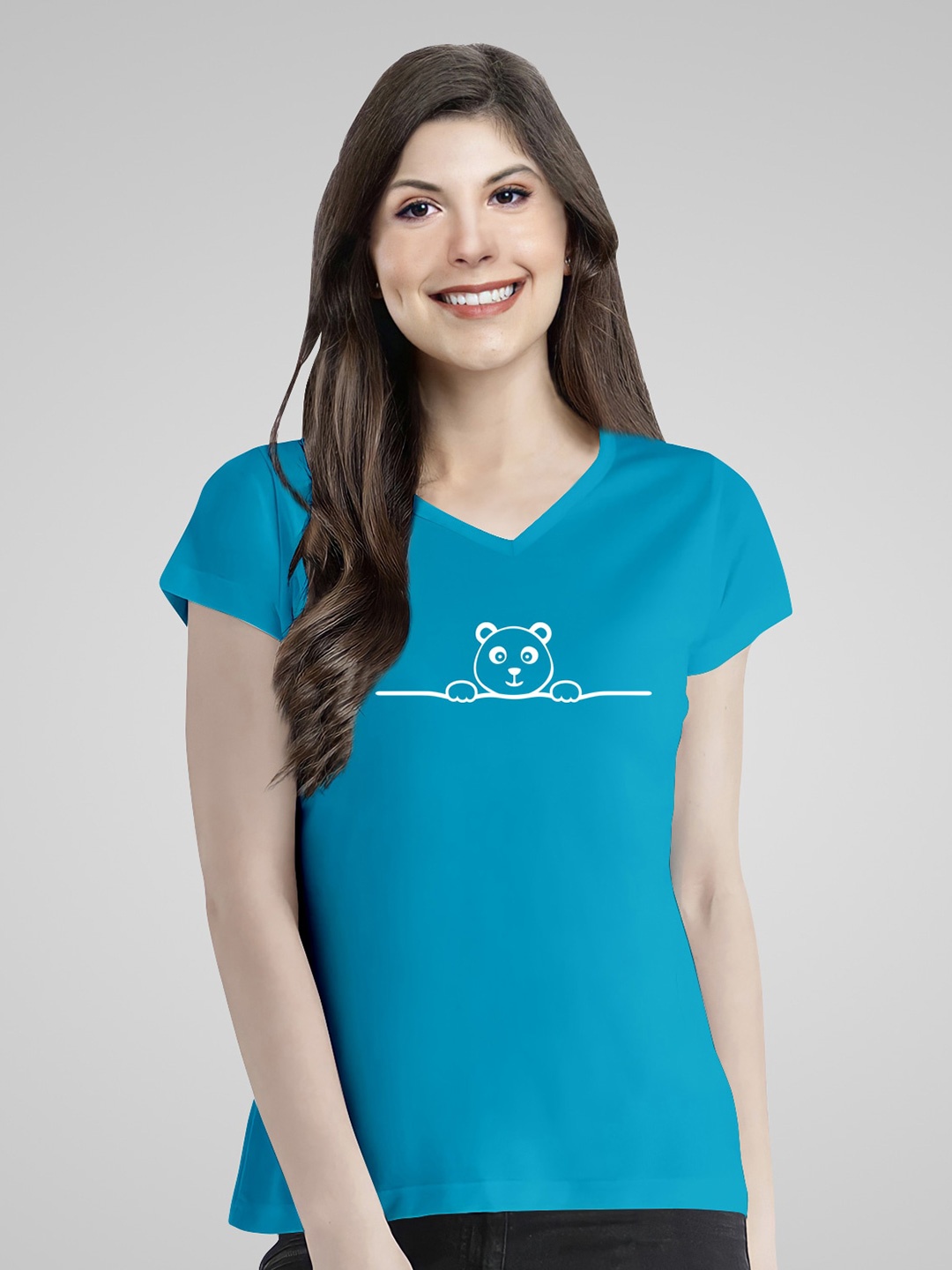 

Pootlu Women Turquoise Blue V-Neck Cotton T-shirt