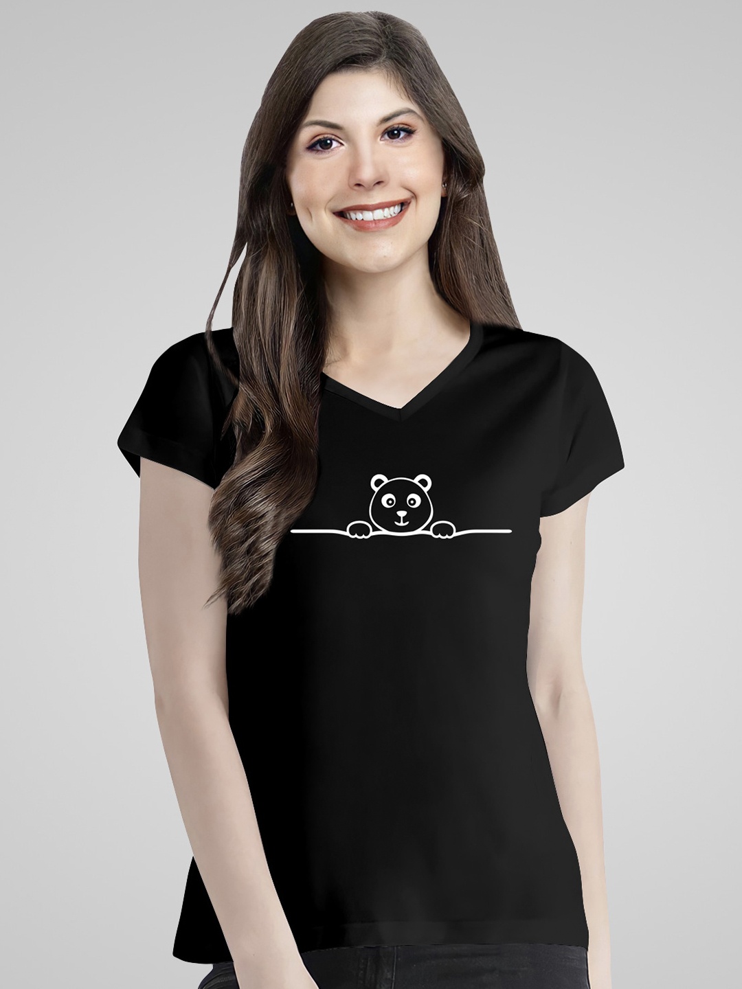 

Pootlu Women Black Panda Printed Cotton V-Neck T-shirt
