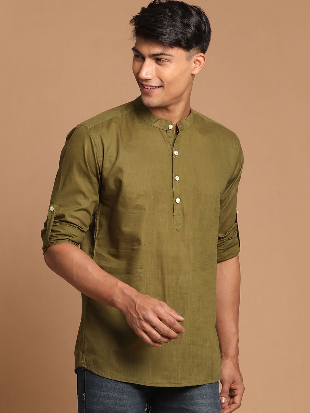 

VASTRAMAY Men Olive Green Solid Cotton Blend Kurta