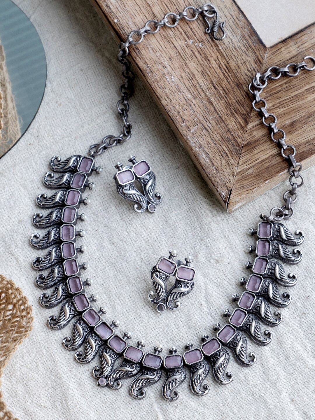 

Infuzze Oxidised Pink Silver-Plated Stone Studded Jewellery Set
