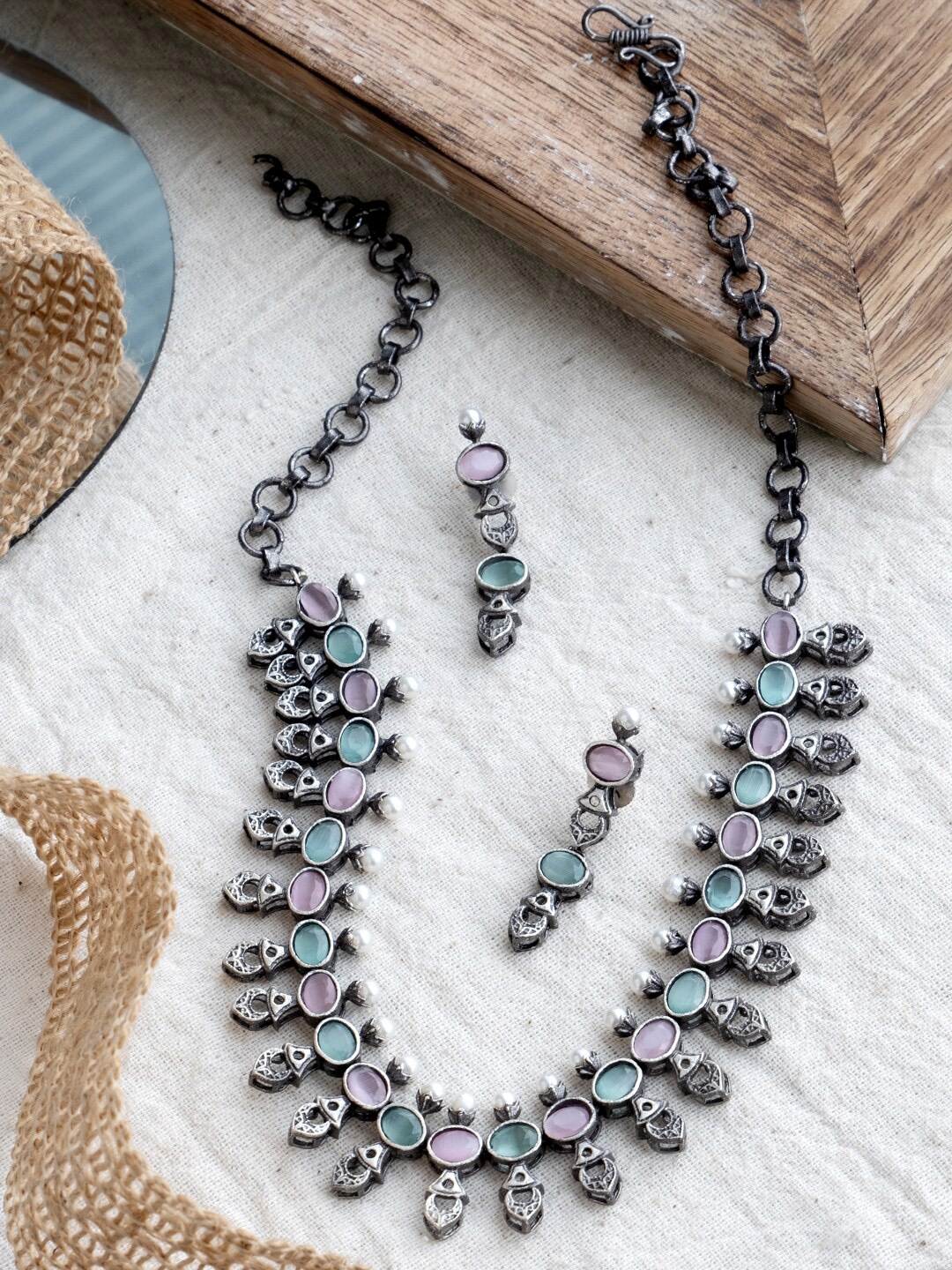 

Infuzze Oxidised Silver-Plated Black Stones-Studded & Beaded Jewellery Set