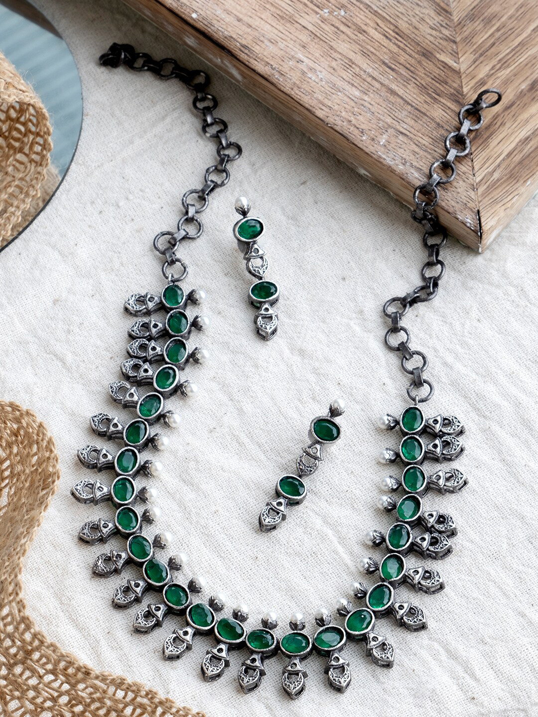 

Infuzze Green Silver-Plated Stone Studded Oxidized Jewellery Set