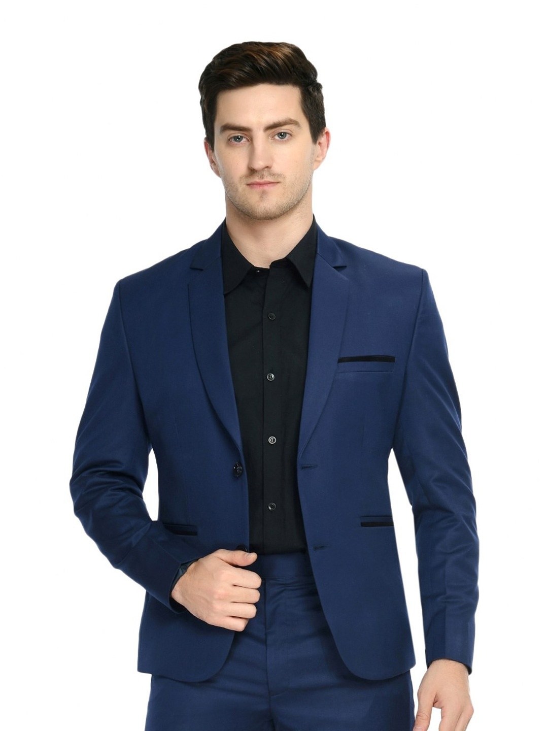 

TrulyFeb Men Navy Blue Sold Slim-Fit Single Breasted Formal Blazer