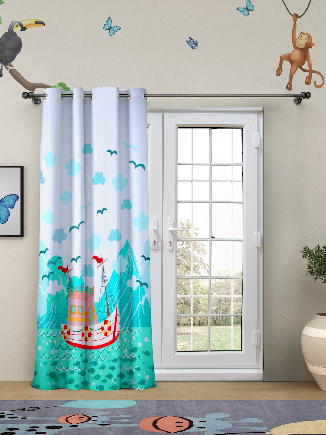 

ROSARA HOME White & Blue Quirky Long Door Curtain