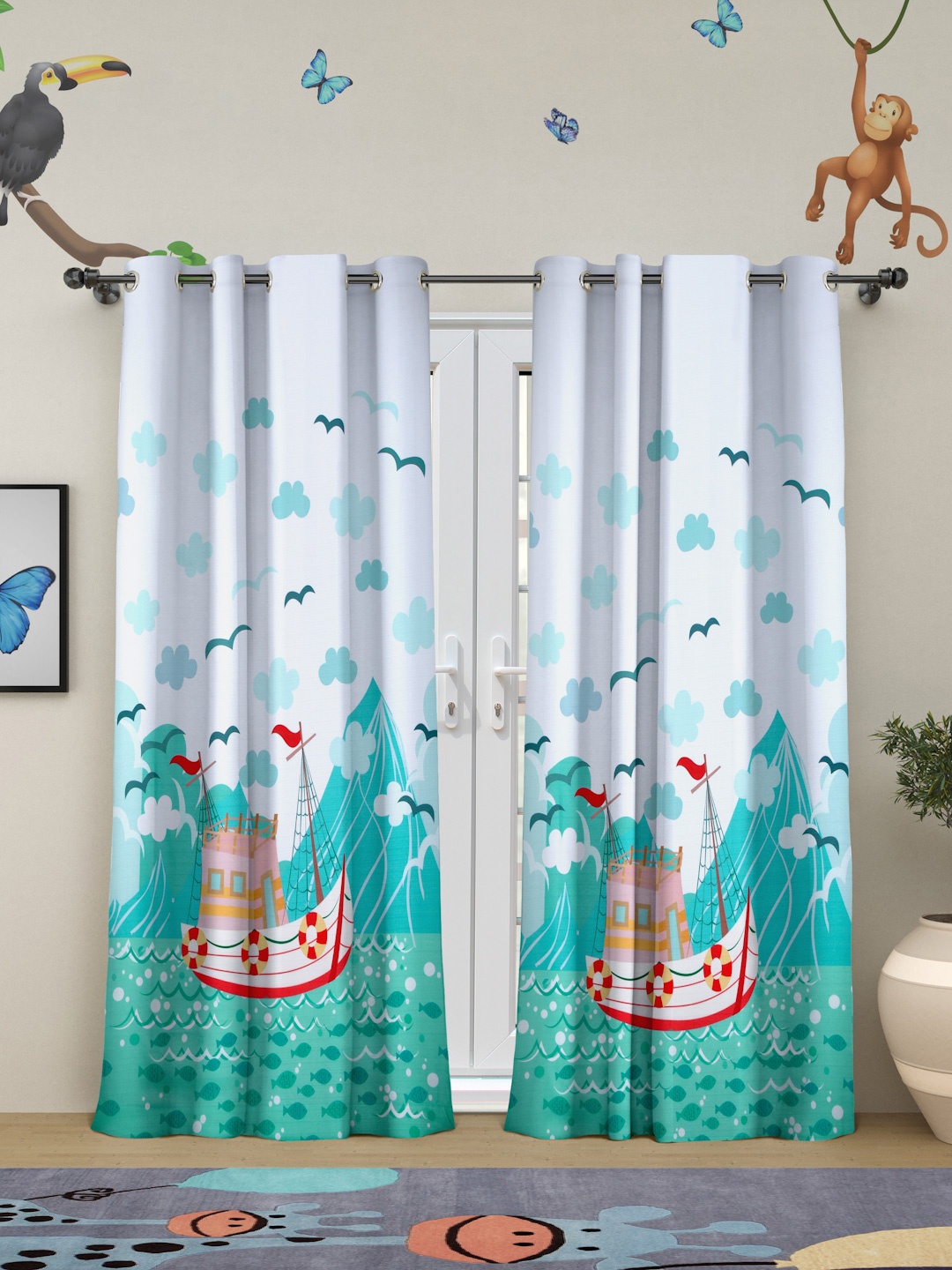 

ROSARA HOME White & Blue Set of 2 Quirky Door Curtain
