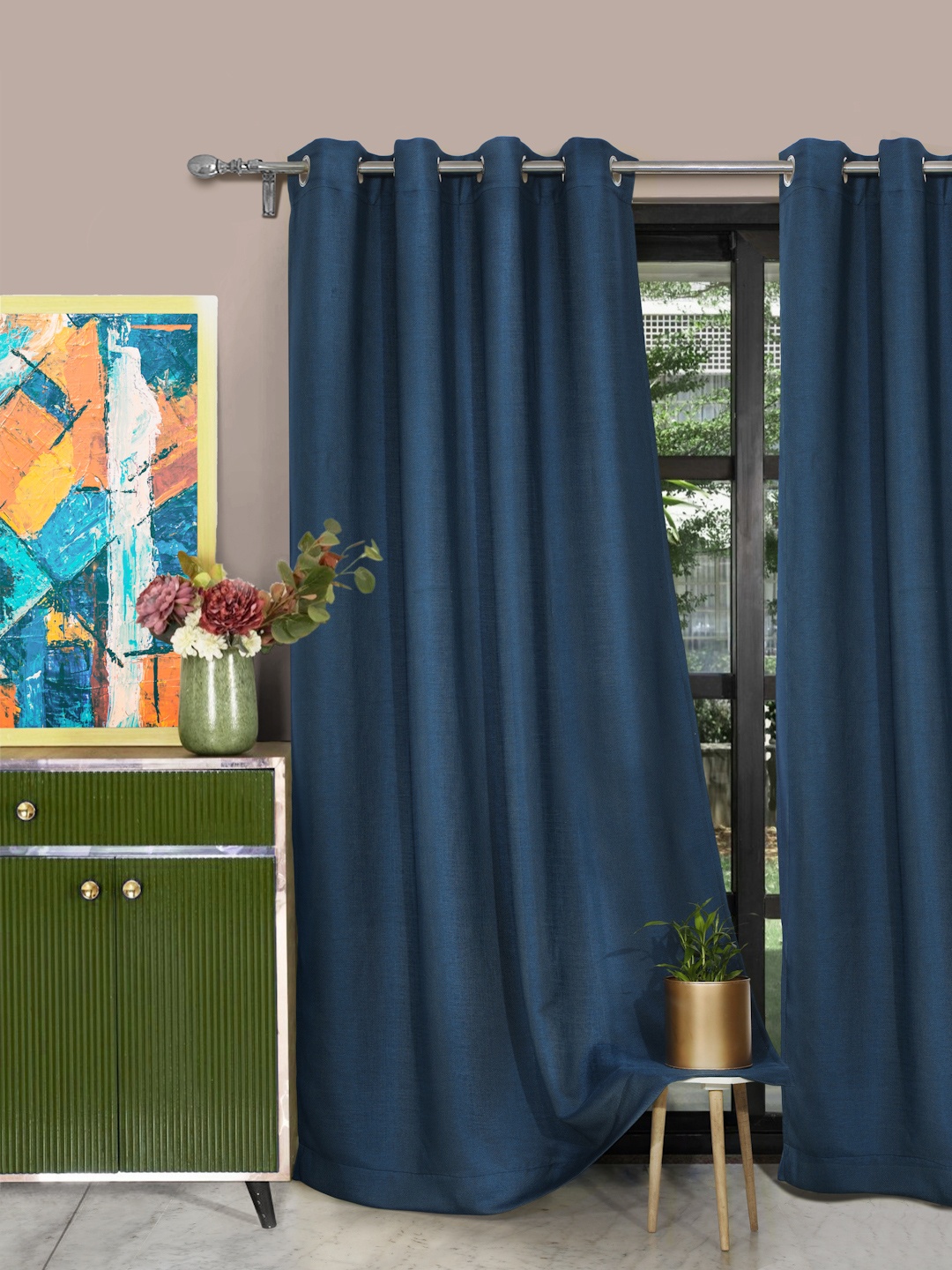 

ROSARA HOME Teal Blue Set of 2 Woven Design Black Out Long Door Curtain