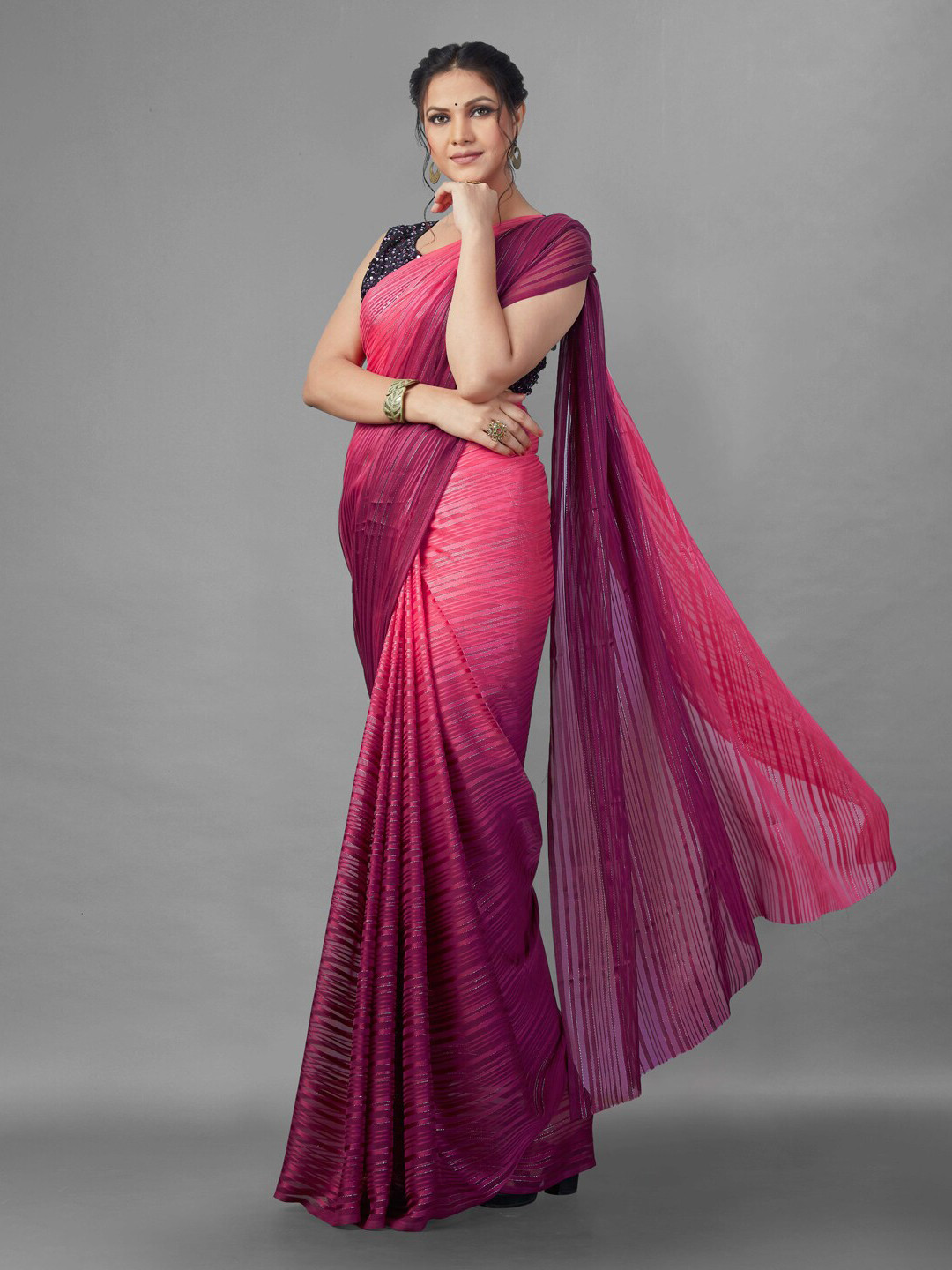

KALINI Pink & Purple Ombre Block Print Saree