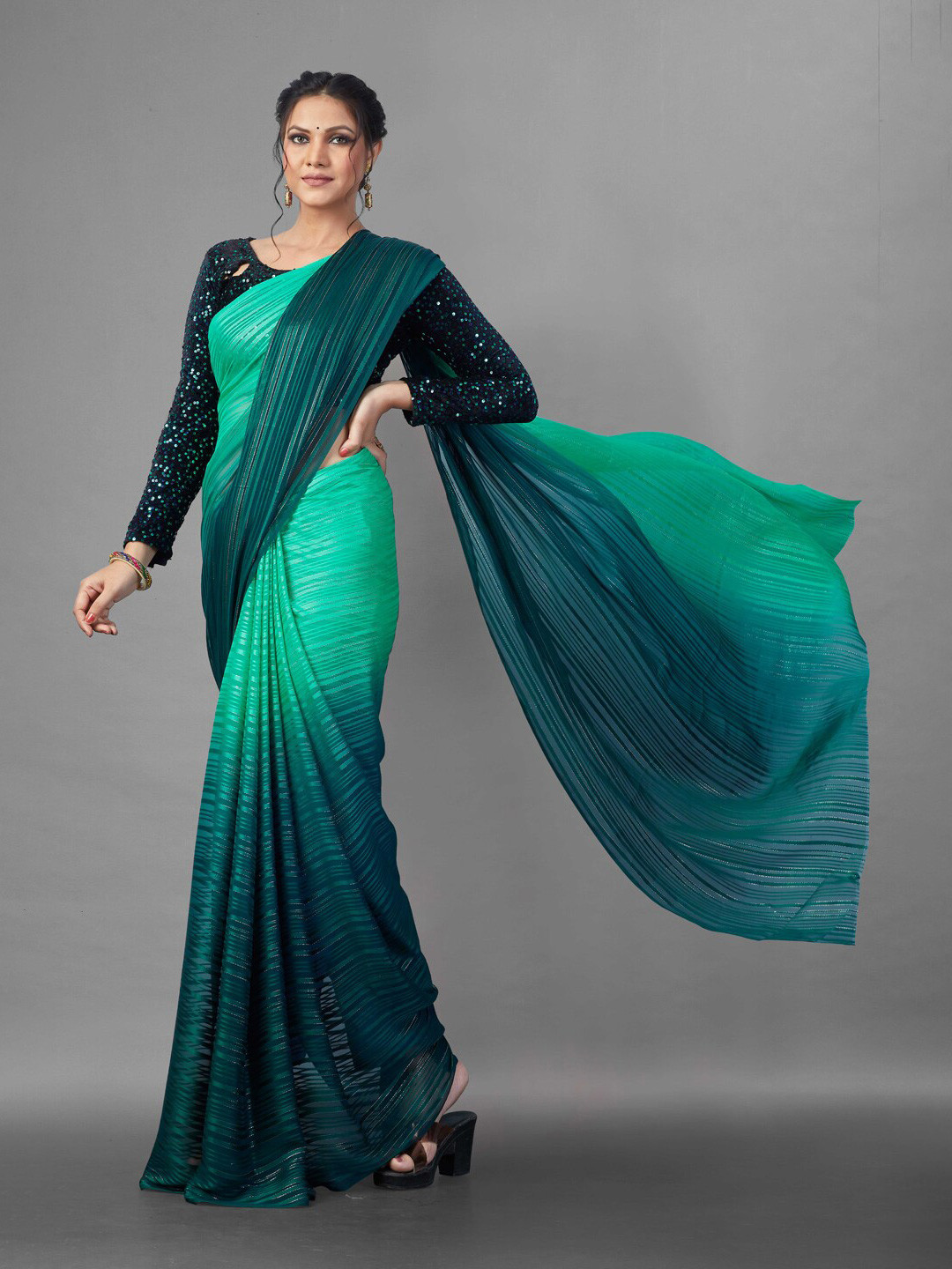 

KALINI Green Ombre Sequinned Block Print Saree