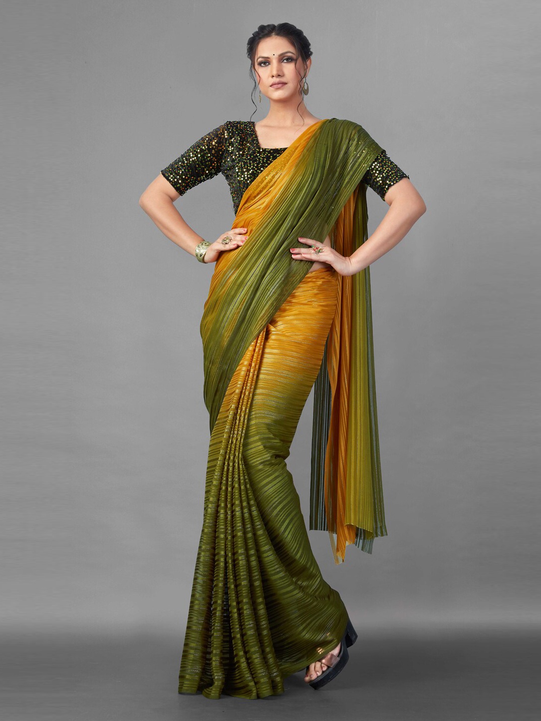 

KALINI Green & Orange Ombre Poly Georgette Saree