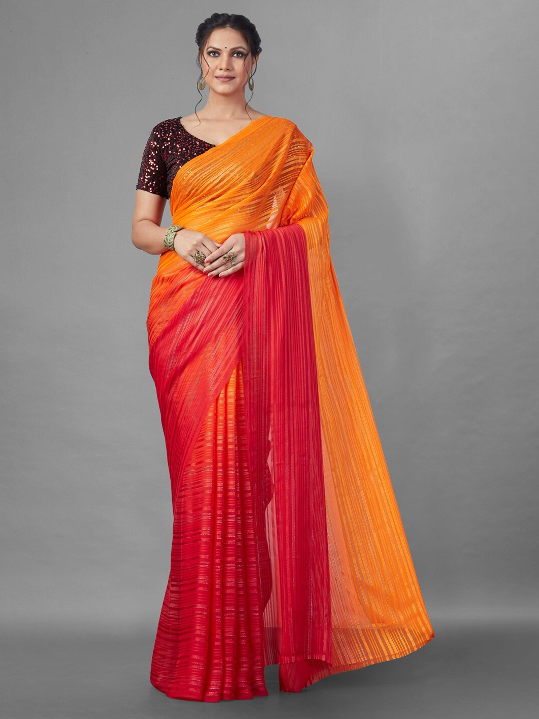 

KALINI Orange & Red Ombre Poly Georgette Saree