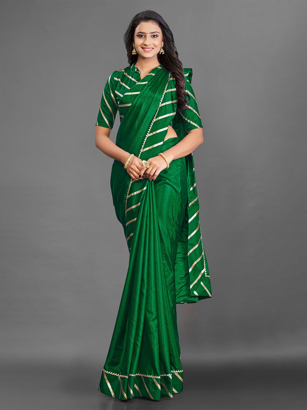 

KALINI Green & Gold-Toned Zari Silk Blend Ikat Saree