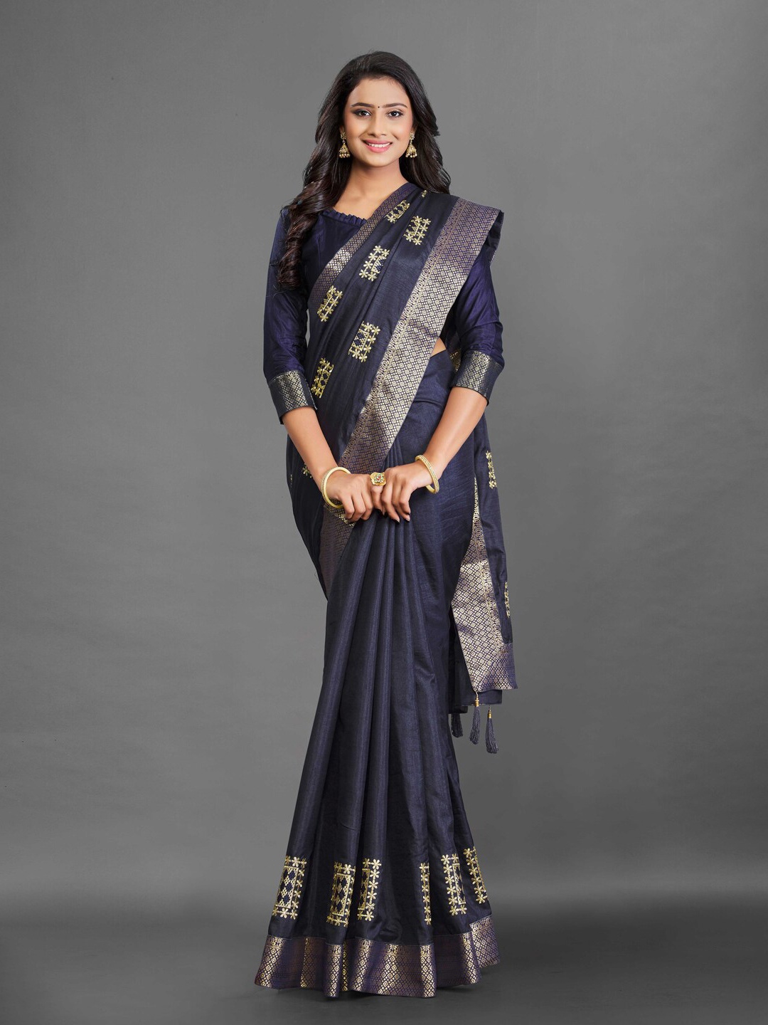 

KALINI Navy Blue & Golden Ethnic Motifs Silk Blend Saree
