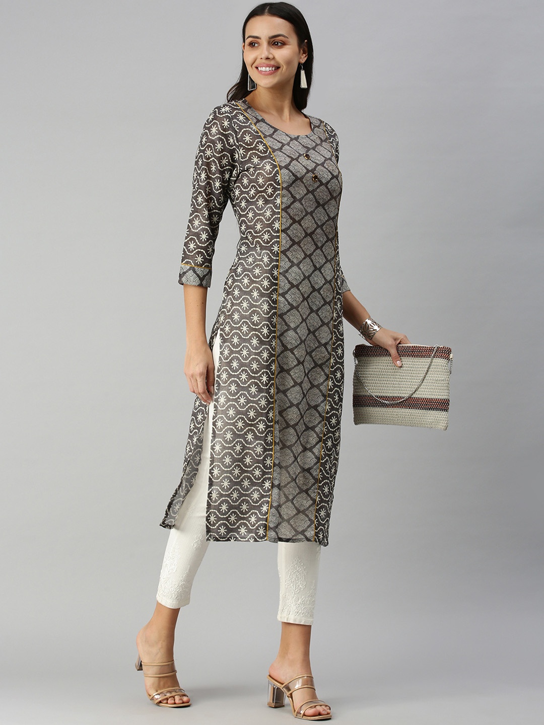 

SHOWOFF Women Grey Geometric Printed Cotton Kurta