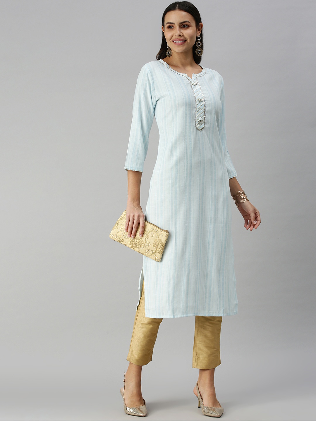 

SHOWOFF Women Blue Striped Cotton Kurta