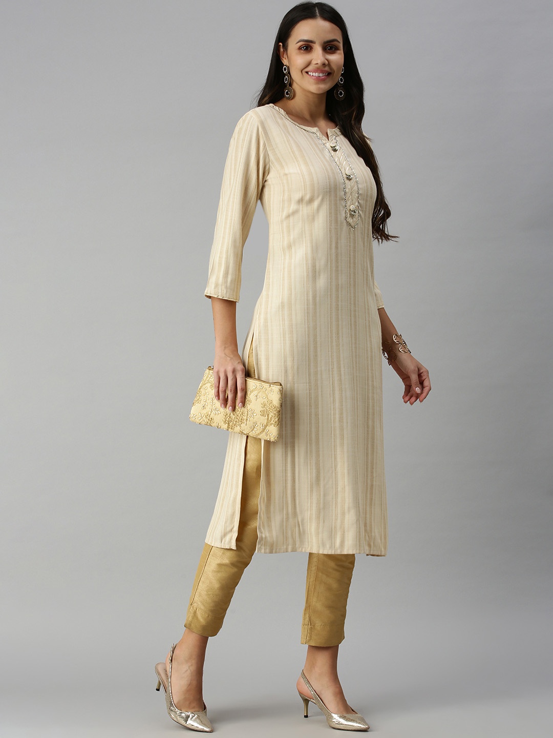 

SHOWOFF Women Champagne Striped Cotton Kurta