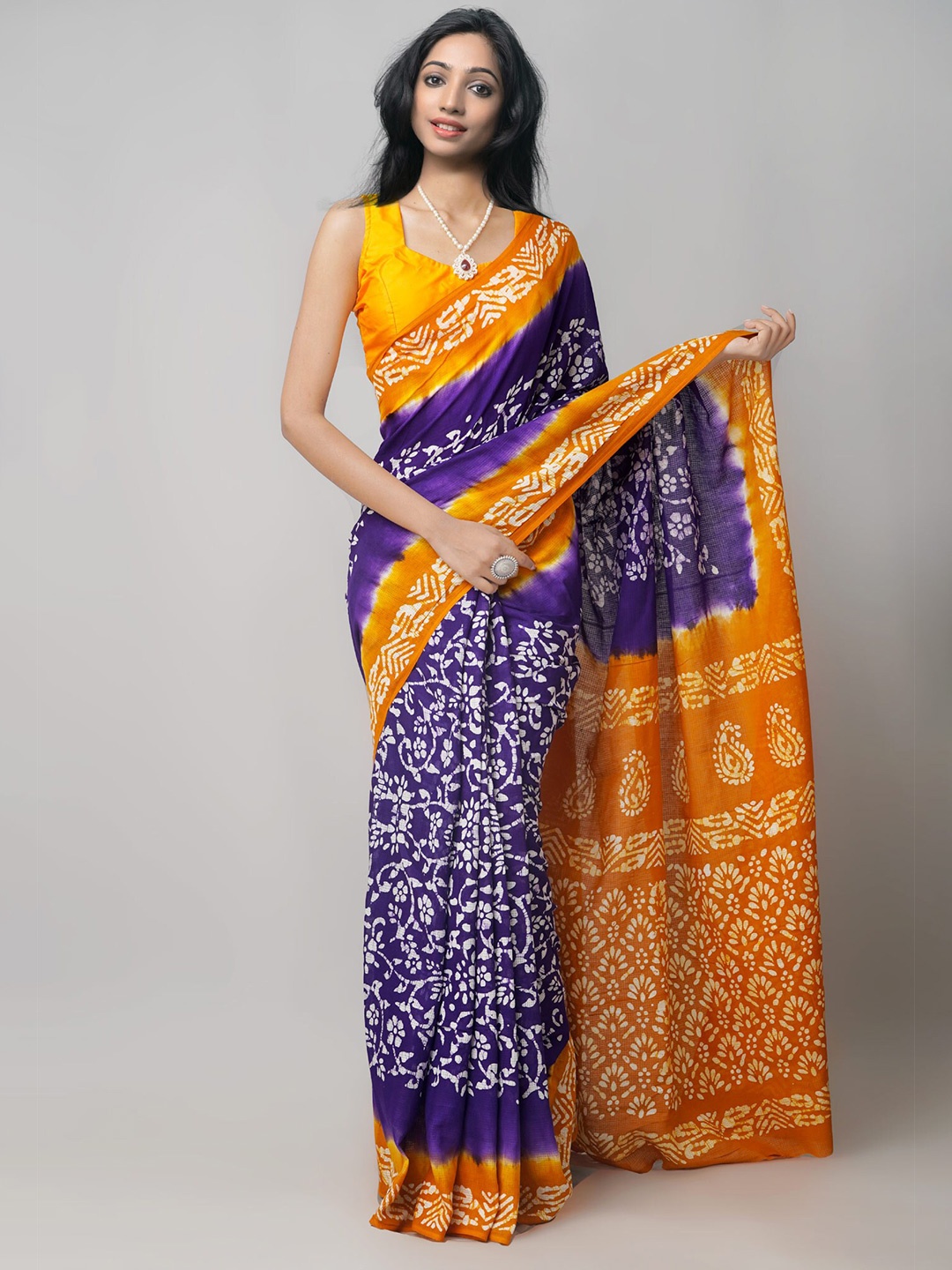 

Unnati Silks Violet & Orange Batik Pure Cotton Handloom & Sustainable Kota Saree