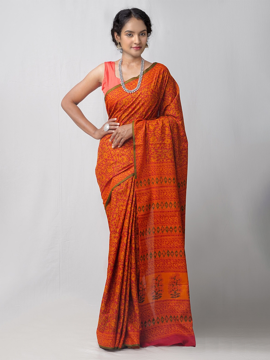 

Unnati Silks Red & Orange Ethnic Motifs Pure Cotton Block Print Saree