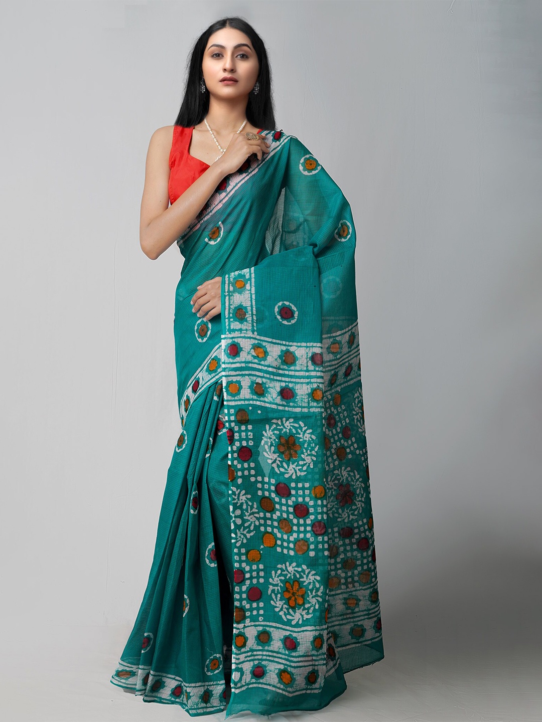 

Unnati Silks Green & White Batik Pure Cotton Kota Saree