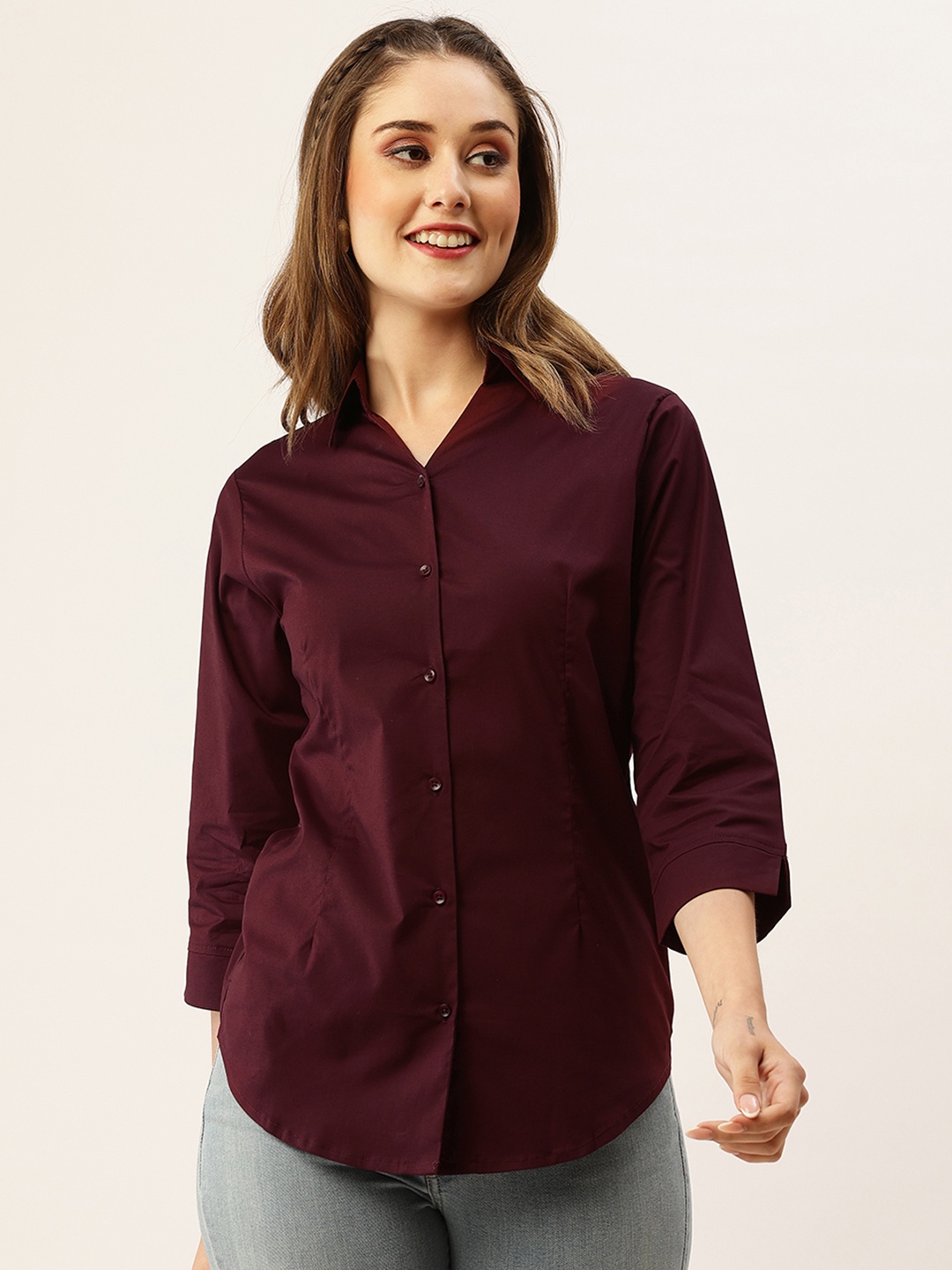 

ZOLA Women Burgundy Solid Cotton Casual Shirt