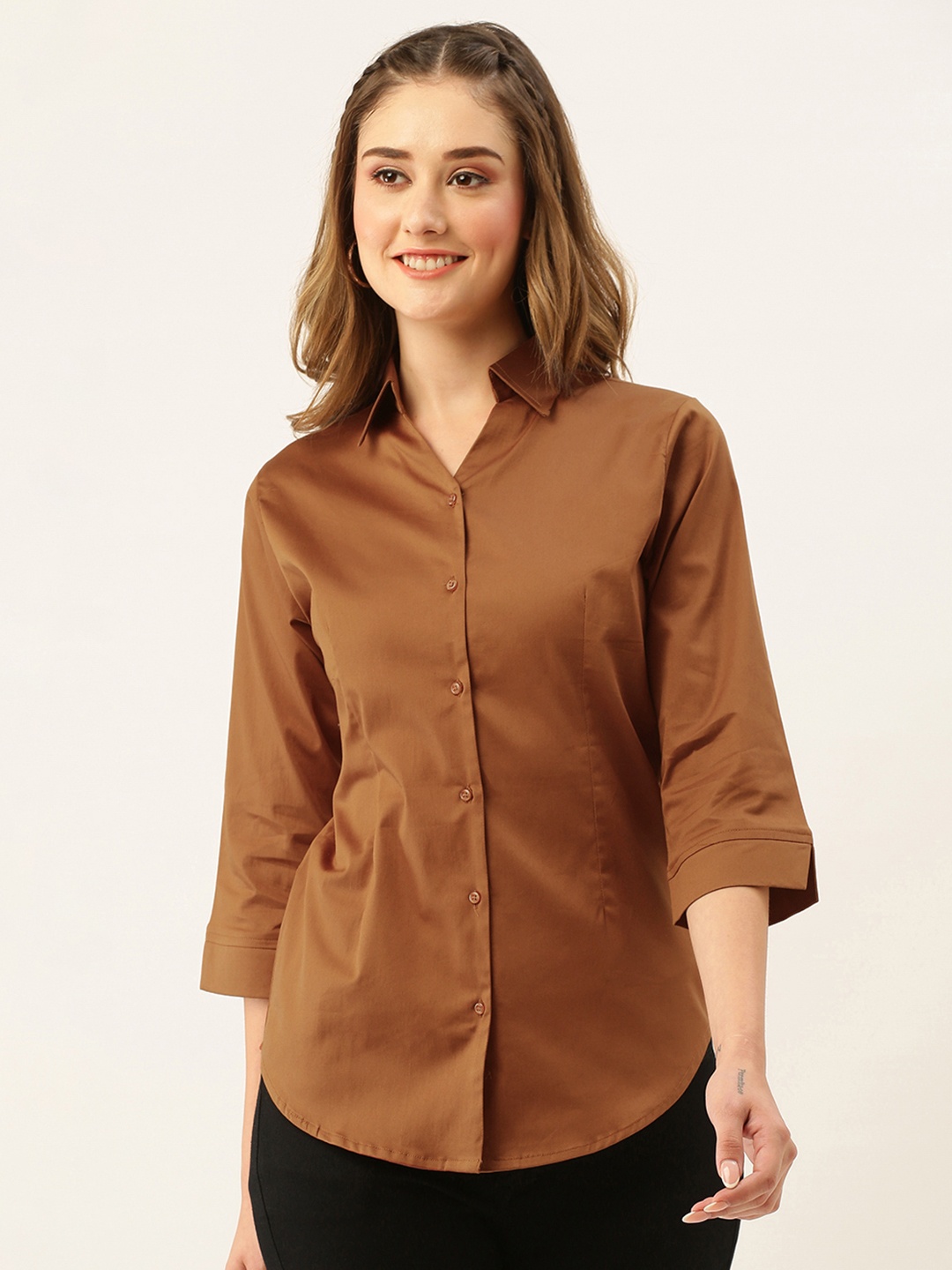 

ZOLA Women Camel Brown Solid Lightweight Cotton Casual Shirt