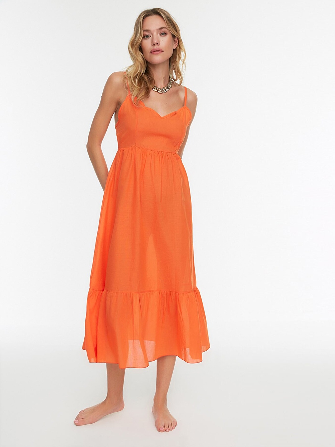 

Trendyol Women Orange Solid Pure Cotton A-Line Midi Dress