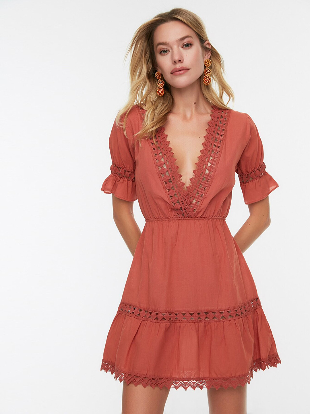 

Trendyol Women Brown Lace Incerts Pure Cotton A-Line Dress