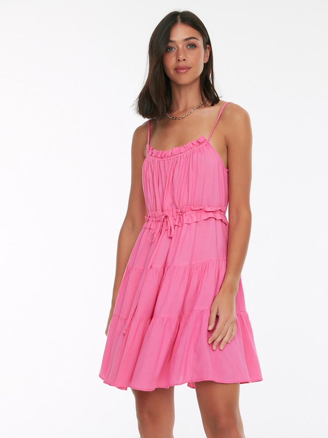 

Trendyol Women Fuchsia Pink Solid Tiered A-Line Dress