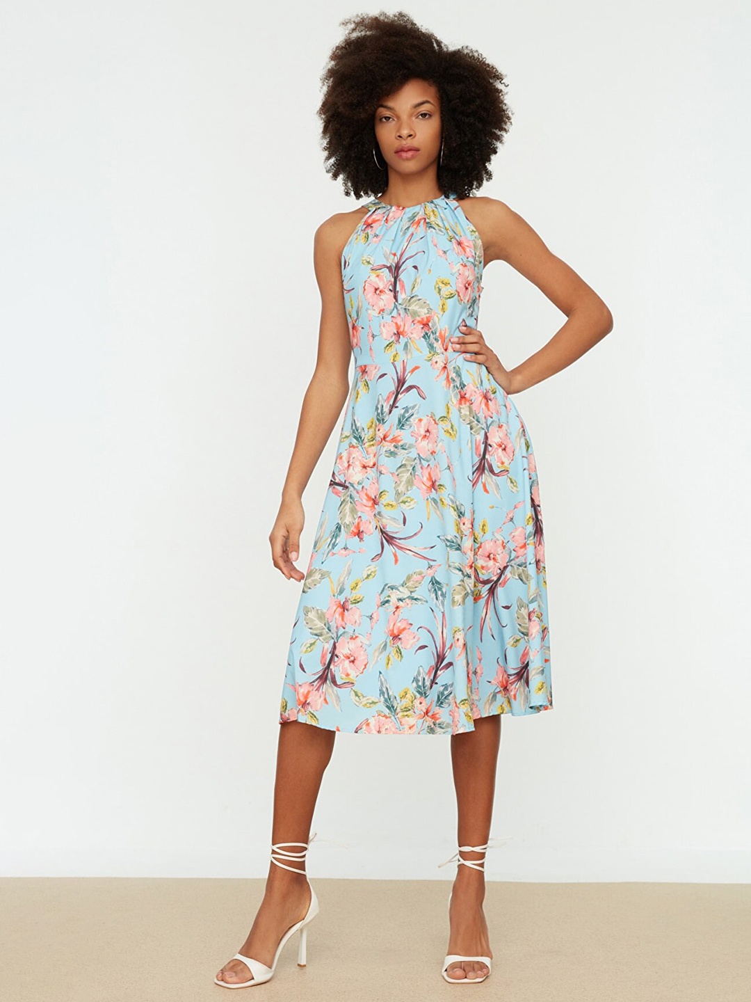 

Trendyol Women Blue & Peach-Coloured Floral A-Line Dress