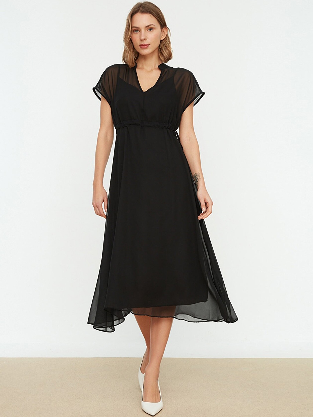 

Trendyol Women Black Solid A-Line Midi Dress with A Slip