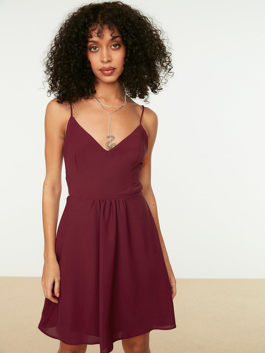 

Trendyol Women Burgundy Solid A-Line Dress with Cut-Out Detail