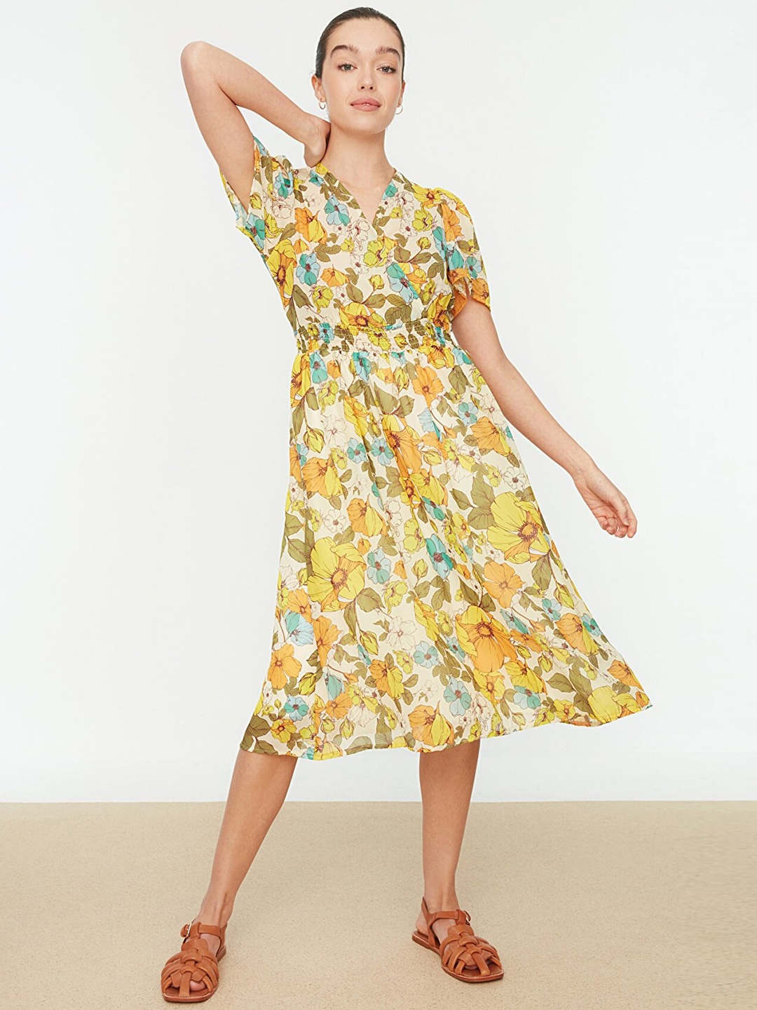 

Trendyol Off White & Yellow Floral A-Line Midi Dress