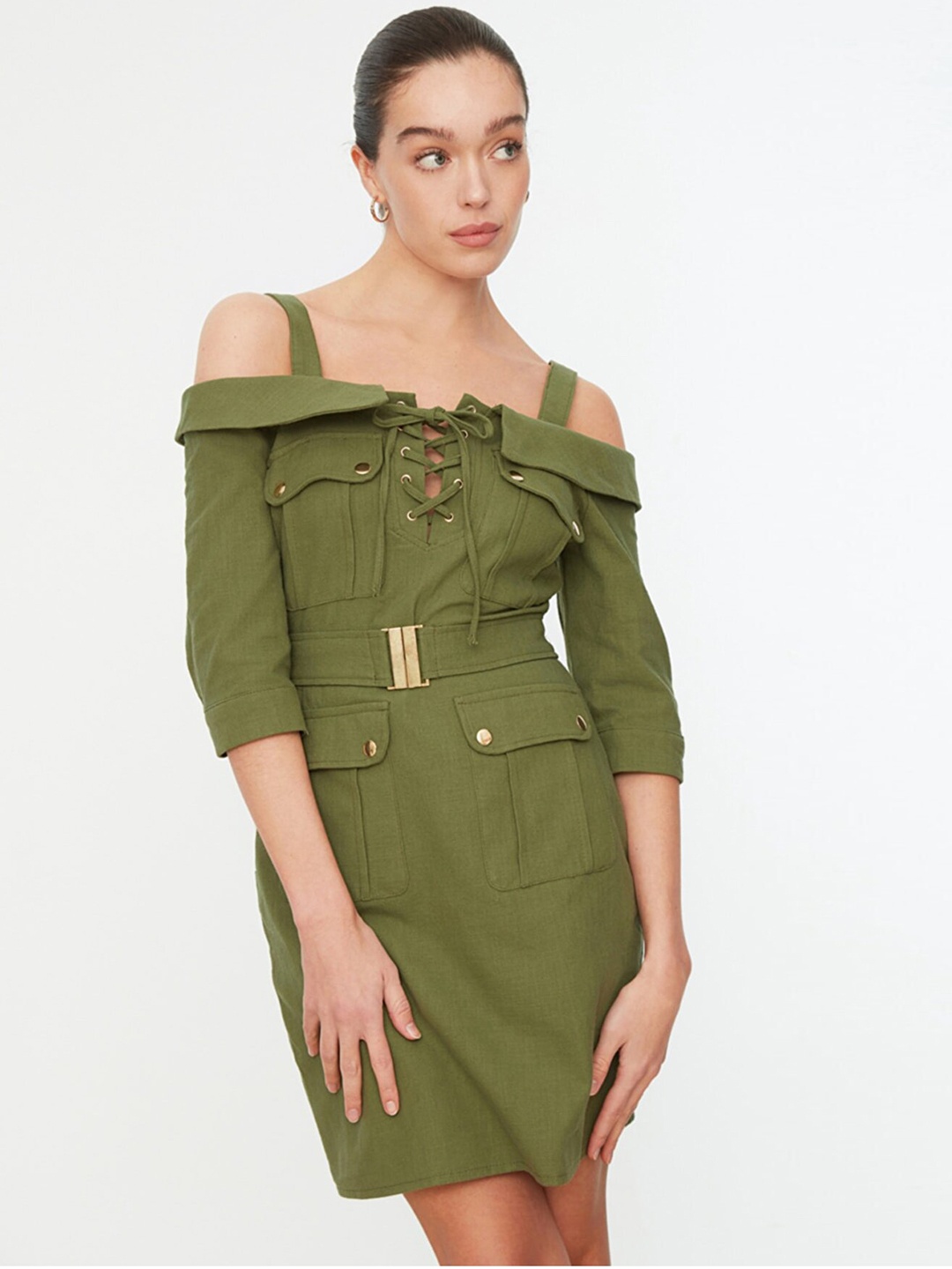 

Trendyol Olive Green Solid Sheath Dress