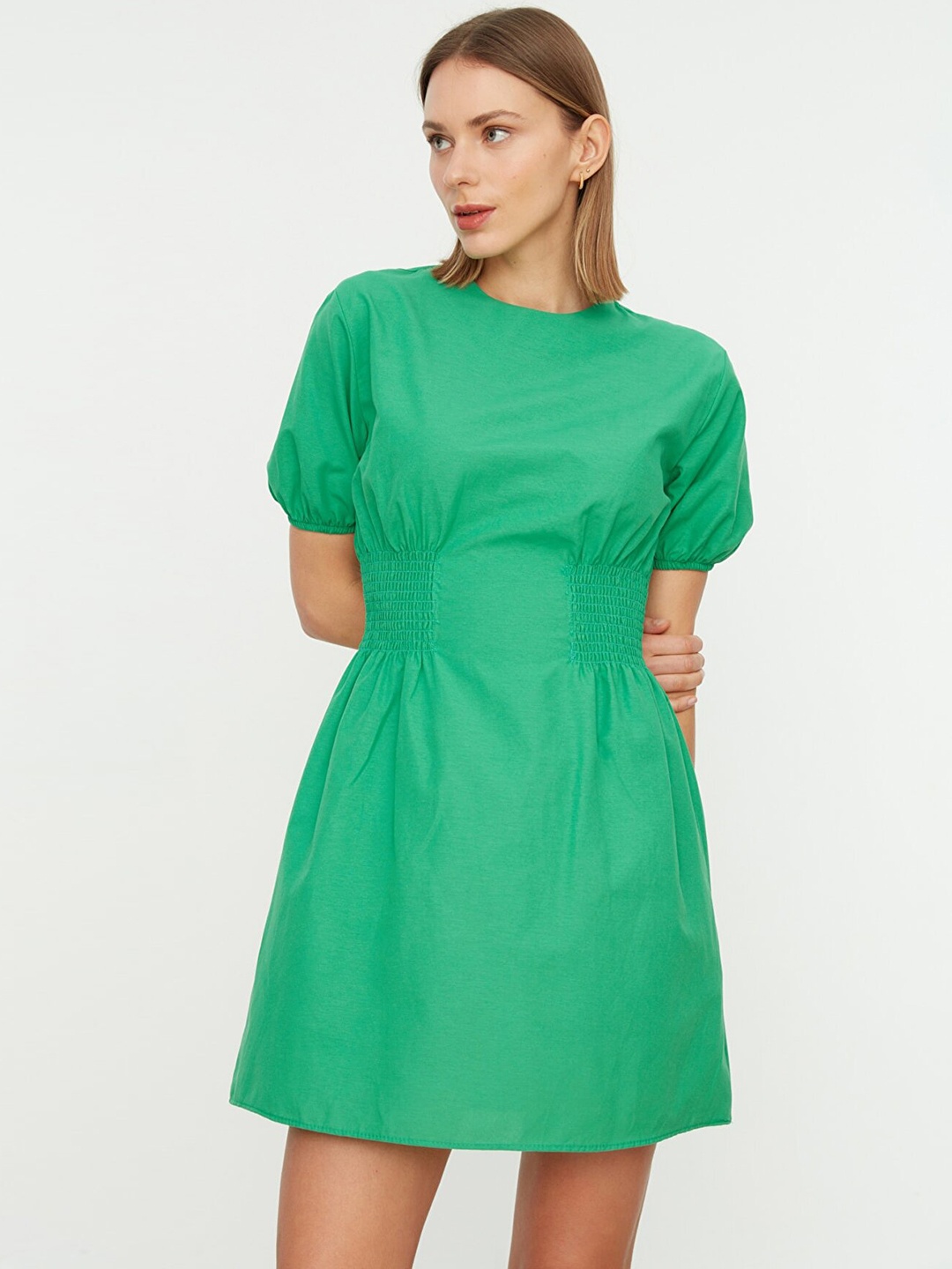 

Trendyol Green Solid Smocked Detail A-Line Dress
