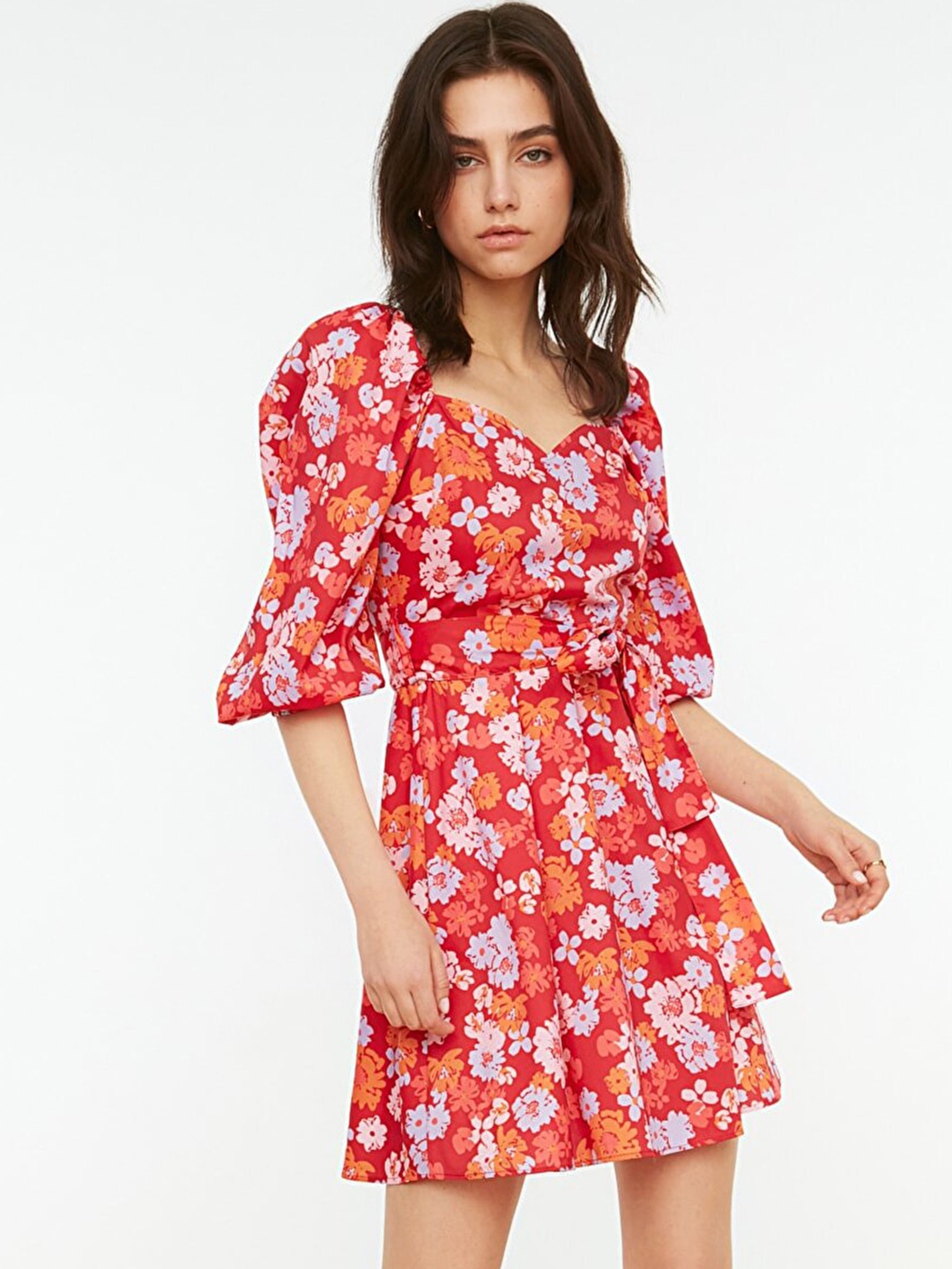 

Trendyol Women Red & Orange Floral Printed A-Line Dress Comes with a Belt