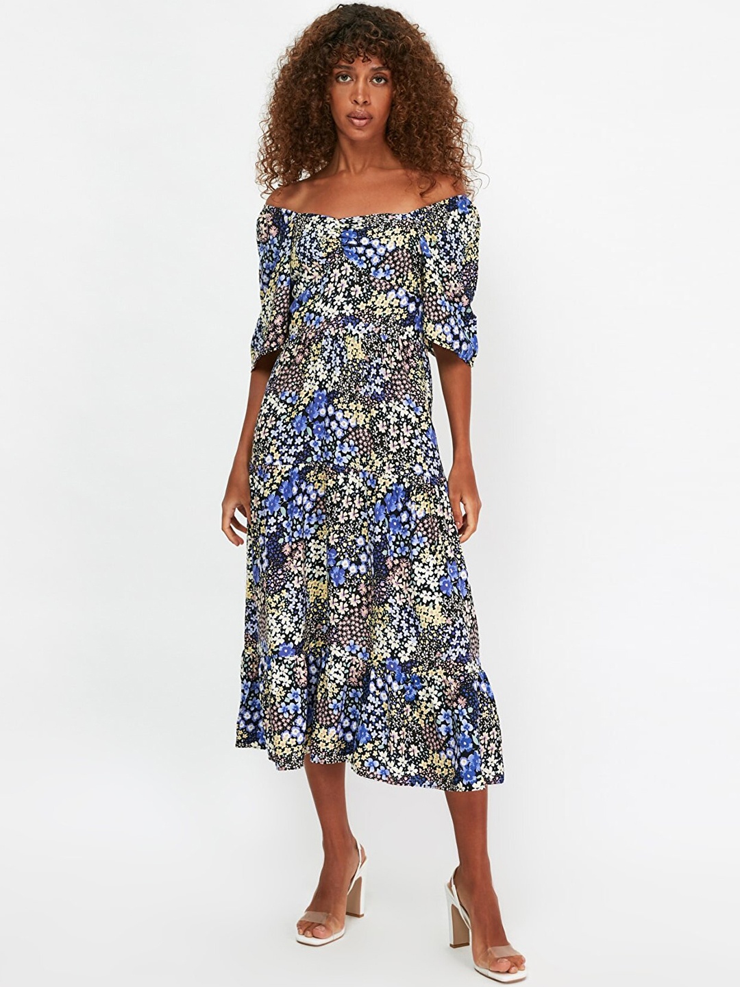 

Trendyol Women Blue & Black Floral Printed Off-Shoulder A-Line Midi Dress