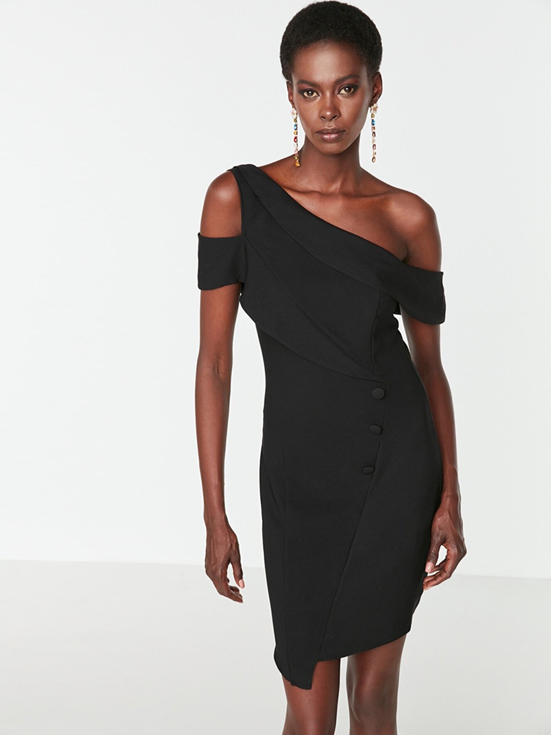 

Trendyol Women Black Solid One Shoulder Bodycon Dress