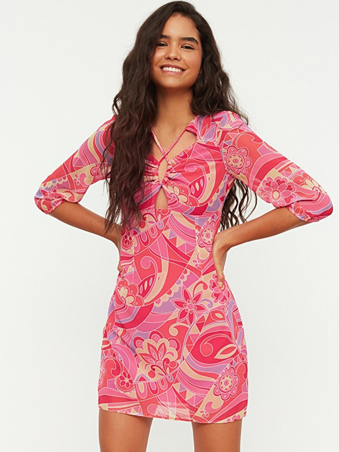 

Trendyol Women Pink & Purple Abstract Printed Cut-Out Detail A-Line Dress