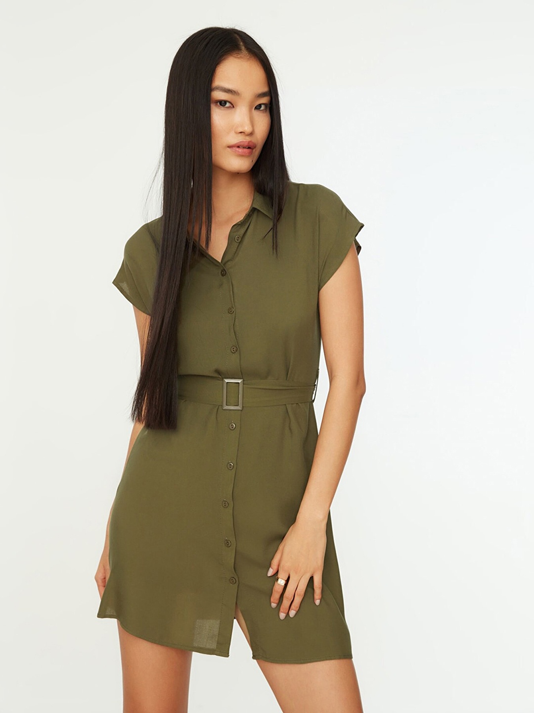 

Trendyol Women Olive Green Solid Shirt Dress with Belt