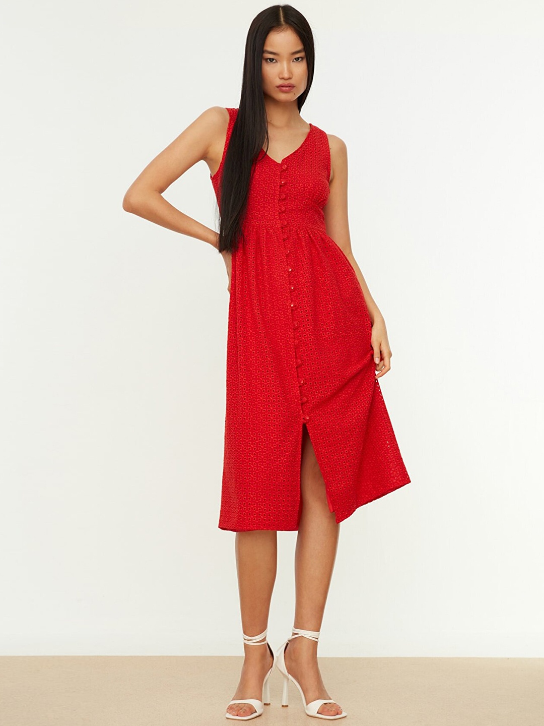 

Trendyol Women Red Schiffli Pure Cotton A-Line Midi Dress