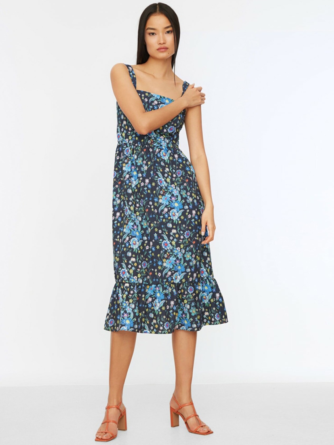 

Trendyol Navy Blue & White Floral Printed A-Line Midi Dress