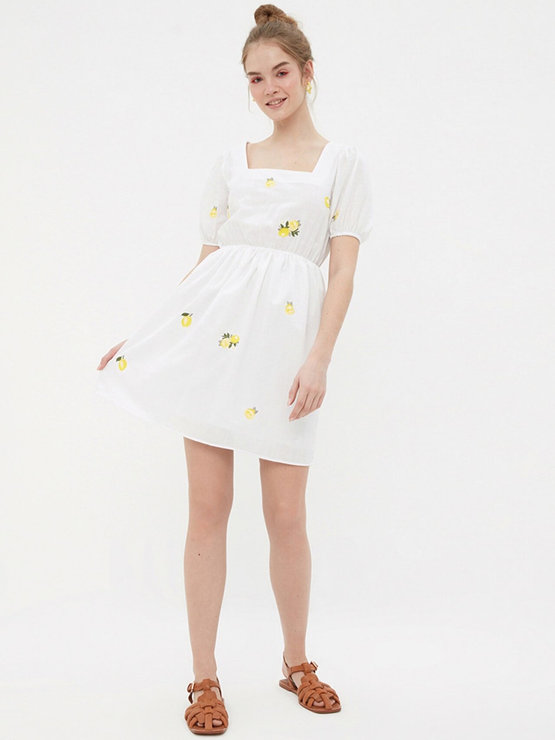 

Trendyol White & Yellow Floral Embroidered A-Line Dress