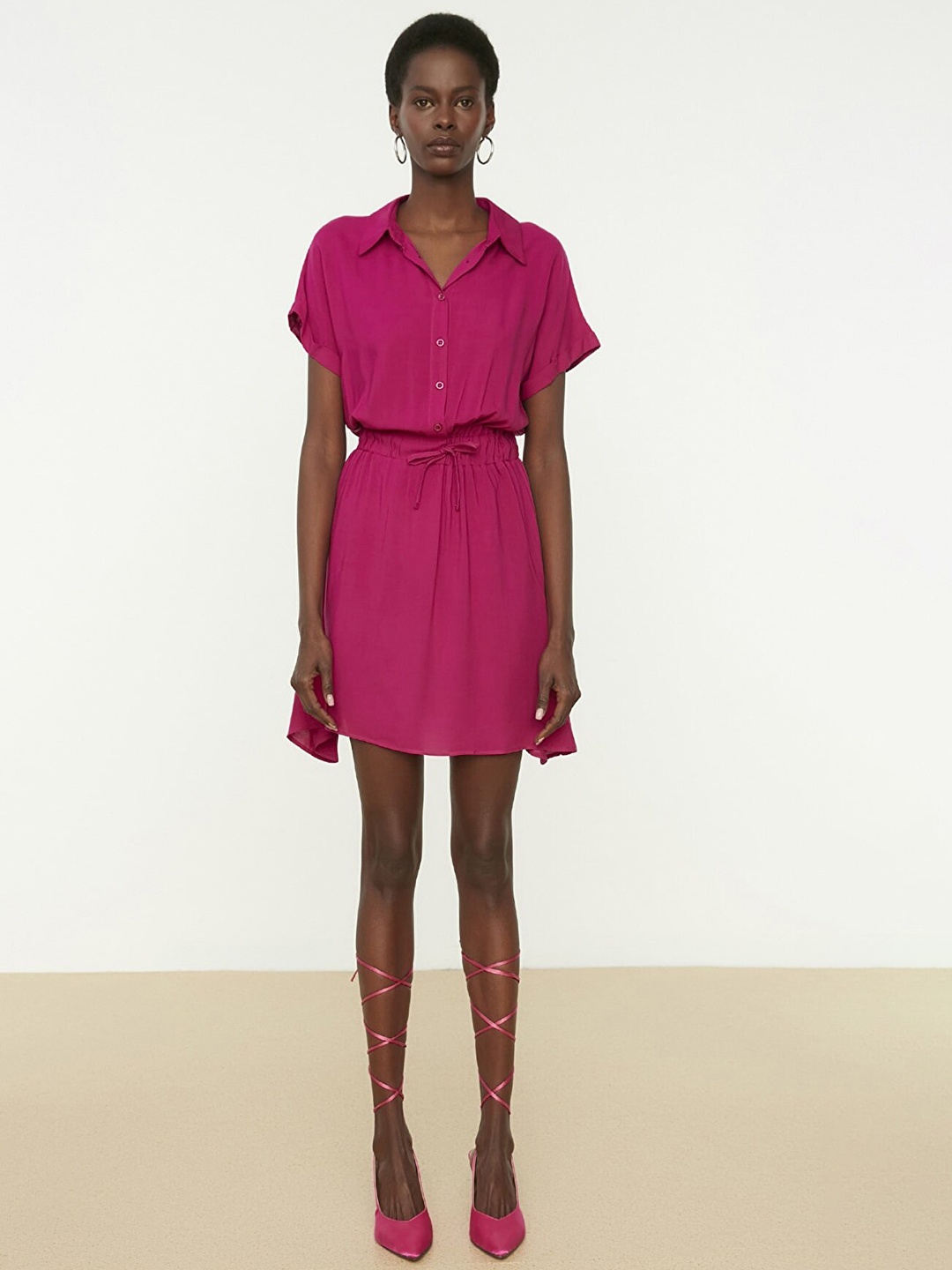 

Trendyol Women Fuchsia Solid Shirt Collar Extended Sleeves A-line Dress