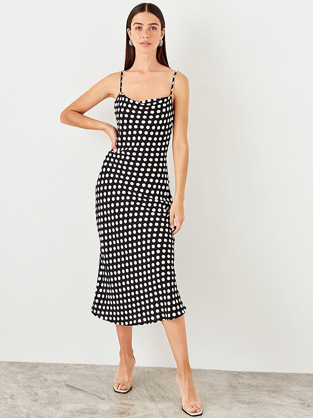 

Trendyol Black & White Cowl Neck Sheath Midi Dress