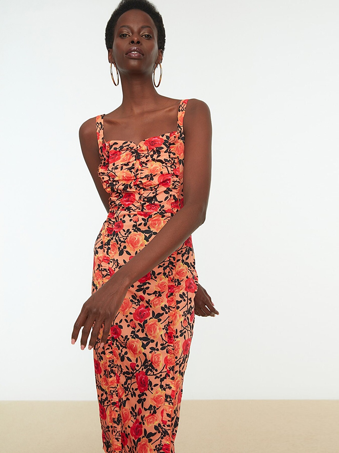 

Trendyol Peach-Coloured & Black Floral Midi A-Line Dress