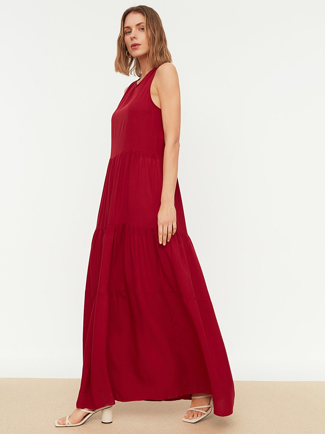 

Trendyol Women Maroon Solid Tiered Maxi Dress