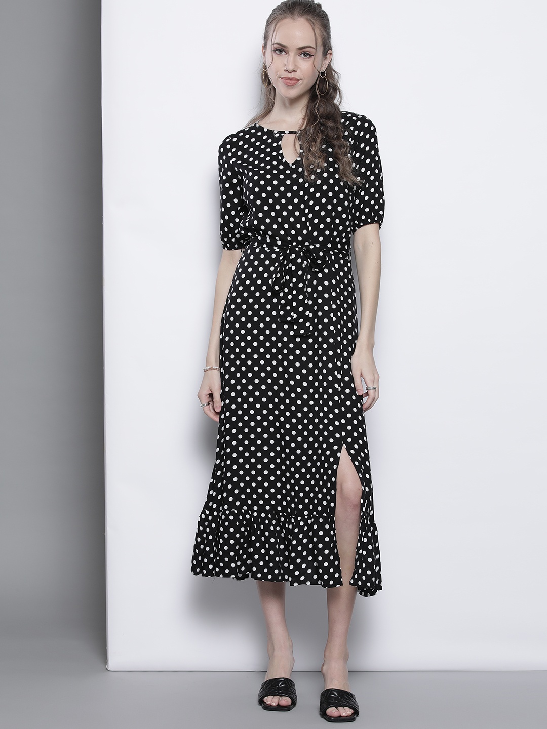 

Trendyol Black & White Polka Dot Print Keyhole Neck A-Line Midi Dress